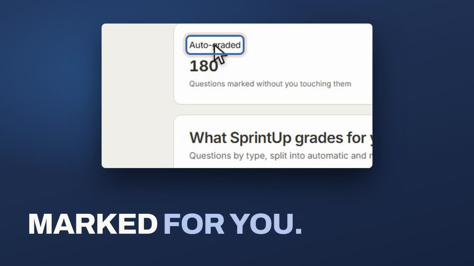 SprintUp screen showing questions marked automatically, captioned Marked for you.